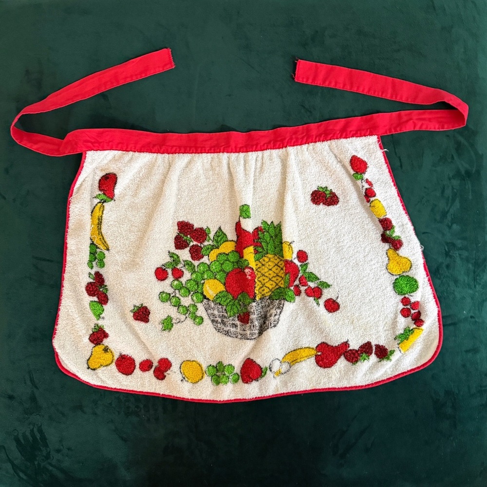 Vintage Terry Cloth Half Apron Fruit Basket Print Red Trim Retro Kitchenware